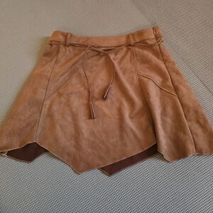 Suede Mini Skirt with Braided Tie - Brown